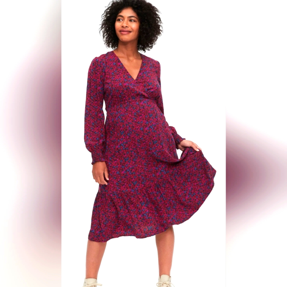 Gap Nwot Maternity/Nursing Crossover Midi Dress, Xxl, Long Sleeve, Elastic Waist